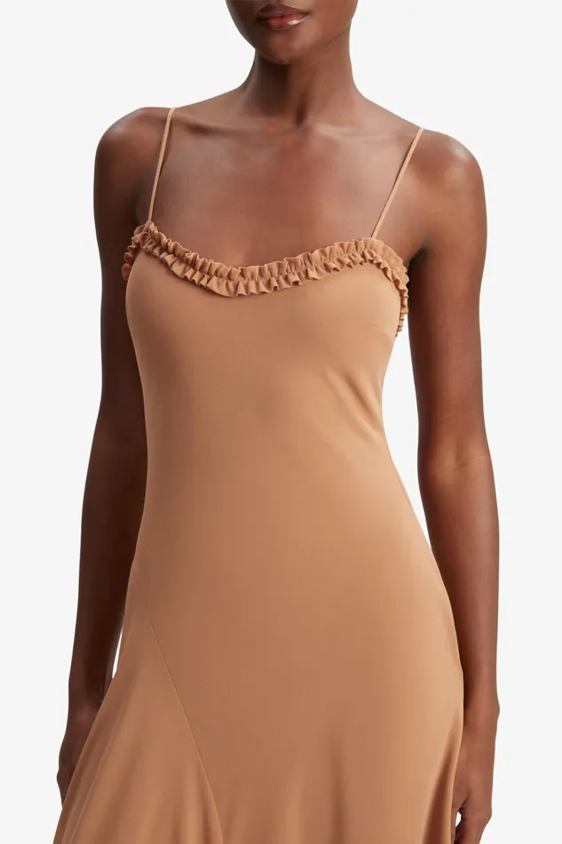 Women Bardot Day To Night Dresses Tatian Frill Trim Maxi Dress In Tan Tan Women Bardot Day To Night Dresses Tatian Frill Trim Maxi Dress In Tan Tan