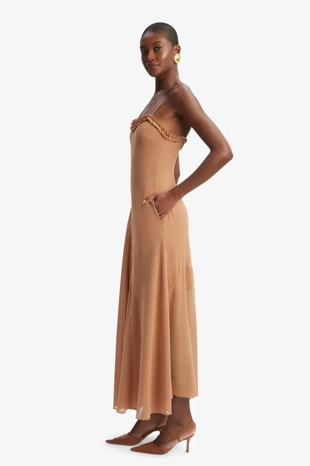 Women Bardot Day To Night Dresses Tatian Frill Trim Maxi Dress In Tan Tan Women Bardot Day To Night Dresses Tatian Frill Trim Maxi Dress In Tan Tan