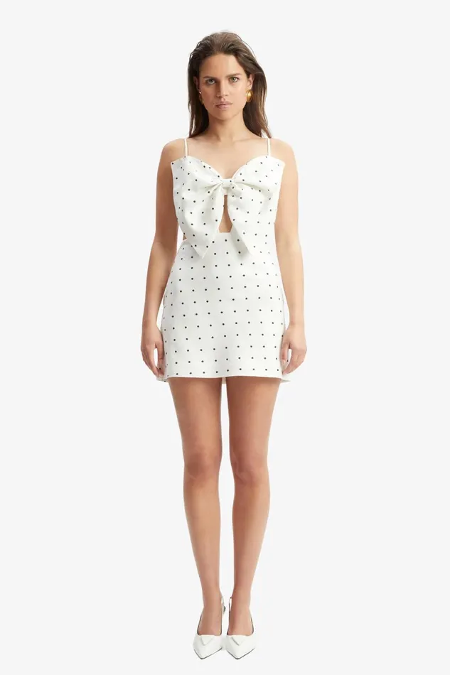 Women Bardot Day To Night Dresses Vieda Linen Bow Mini Dress In White Spot White Spot Women Bardot Day To Night Dresses Vieda Linen Bow Mini Dress In White Spot White Spot