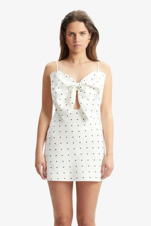 Women Bardot Day To Night Dresses Vieda Linen Bow Mini Dress In White Spot White Spot Women Bardot Day To Night Dresses Vieda Linen Bow Mini Dress In White Spot White Spot