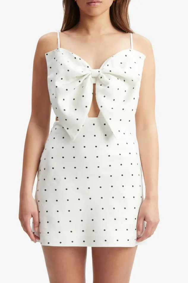 Women Bardot Day To Night Dresses Vieda Linen Bow Mini Dress In White Spot White Spot Women Bardot Day To Night Dresses Vieda Linen Bow Mini Dress In White Spot White Spot