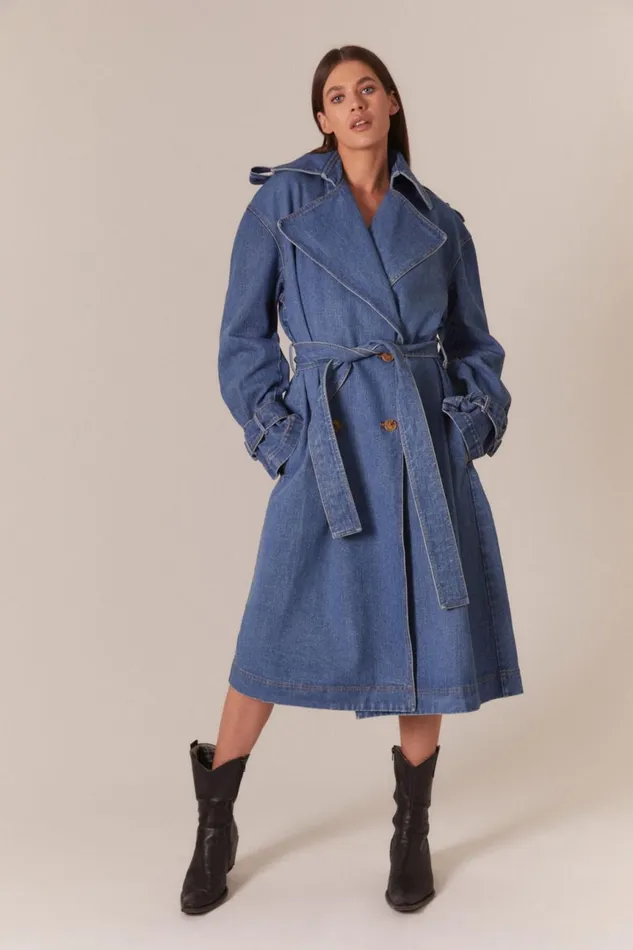 Women Bardot Denim Jackets Oversized Denim Trench Coat In Vintage Vintage