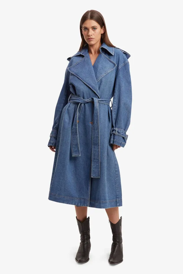 Women Bardot Denim Jackets Oversized Denim Trench Coat In Vintage Vintage