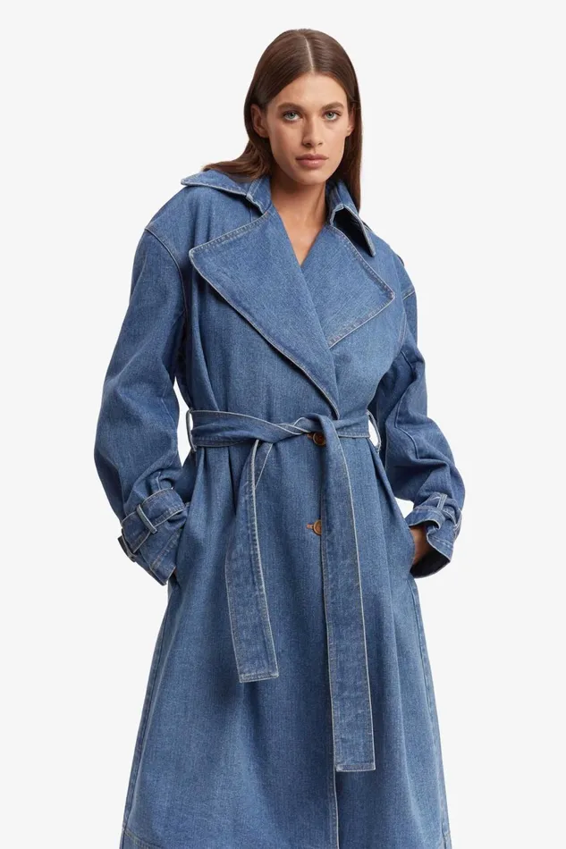Women Bardot Denim Jackets Oversized Denim Trench Coat In Vintage Vintage