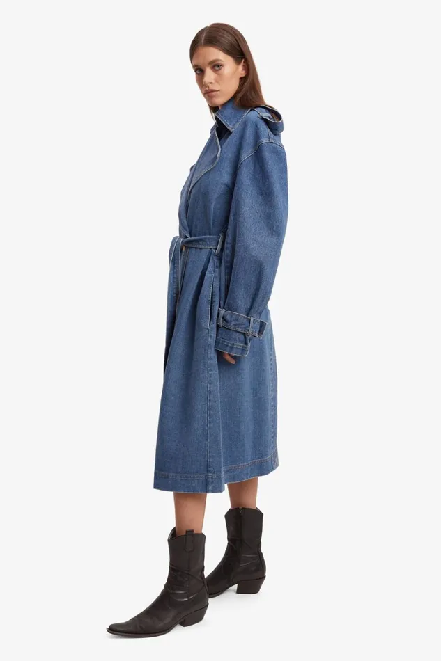Women Bardot Denim Jackets Oversized Denim Trench Coat In Vintage Vintage
