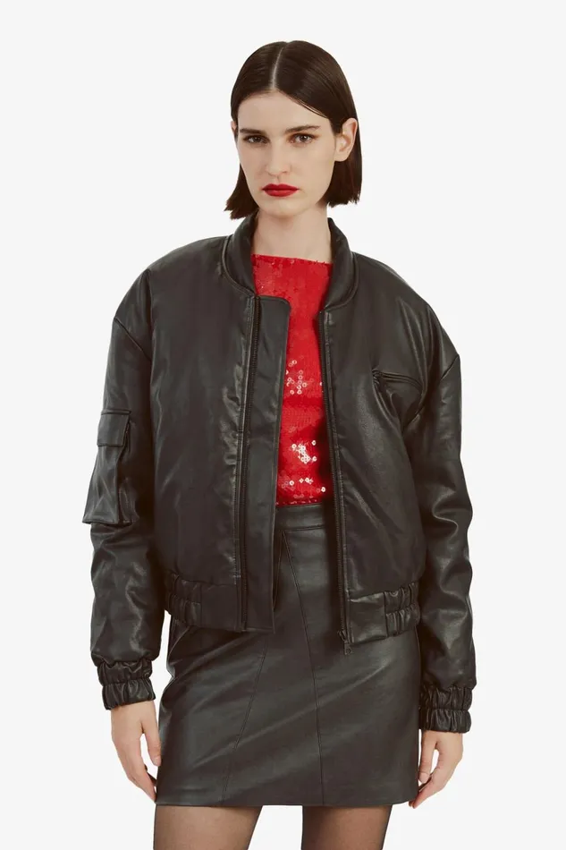 Women Bardot Jackets Vegan Leather Bomber Jacket In Black Black