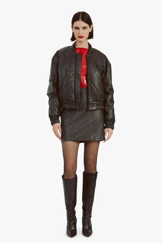 Women Bardot Jackets Vegan Leather Bomber Jacket In Black Black