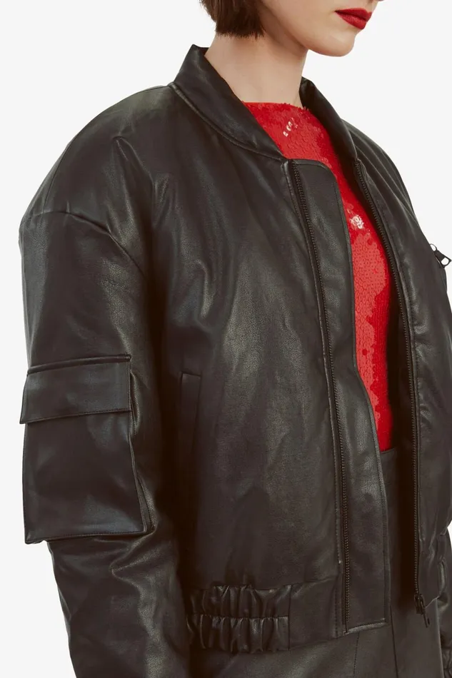 Women Bardot Jackets Vegan Leather Bomber Jacket In Black Black