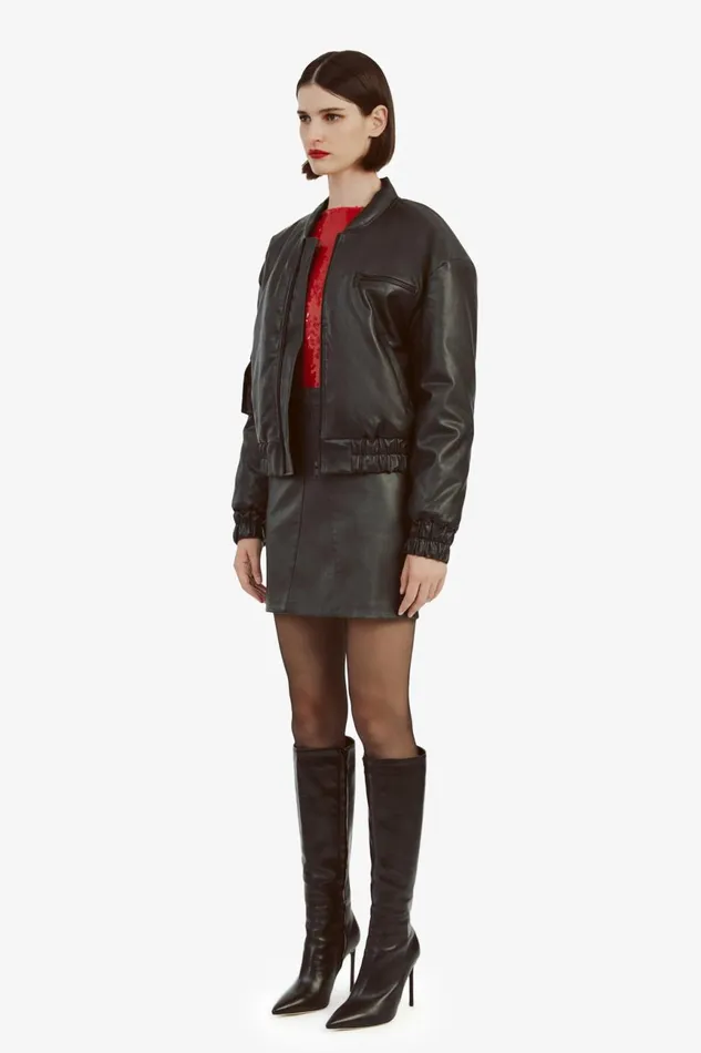 Women Bardot Jackets Vegan Leather Bomber Jacket In Black Black