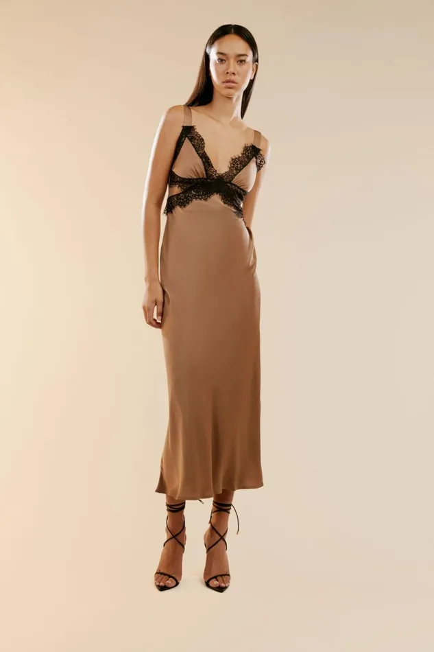 Women Bardot Occasion Dresses Delta Satin Midi Dress In Bronze Bronze