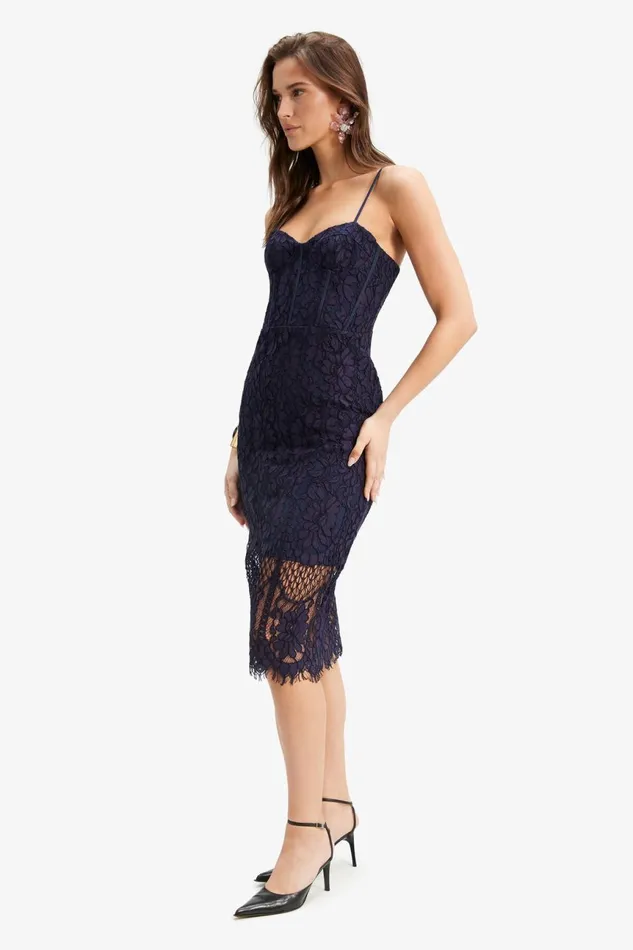 Women Bardot Occasion Dresses Florence Midi Lace Dress In Navy Navy