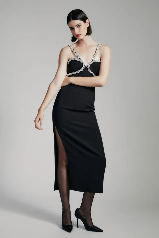 Women Bardot Party Dresses Amalia Diamante Midi Dress In Black Black
