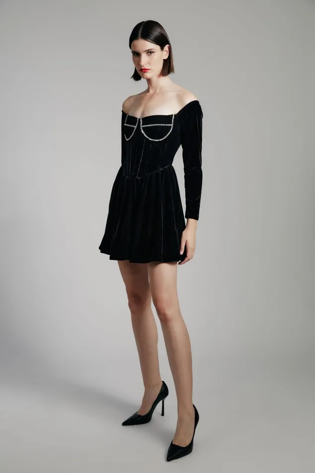Women Bardot Party Dresses Emlyn Velour Mini Dress In Black Black
