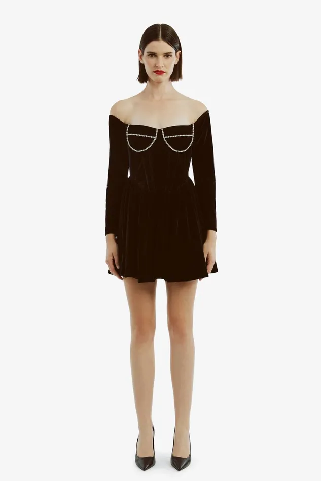 Women Bardot Party Dresses Emlyn Velour Mini Dress In Black Black Women Bardot Party Dresses Emlyn Velour Mini Dress In Black Black