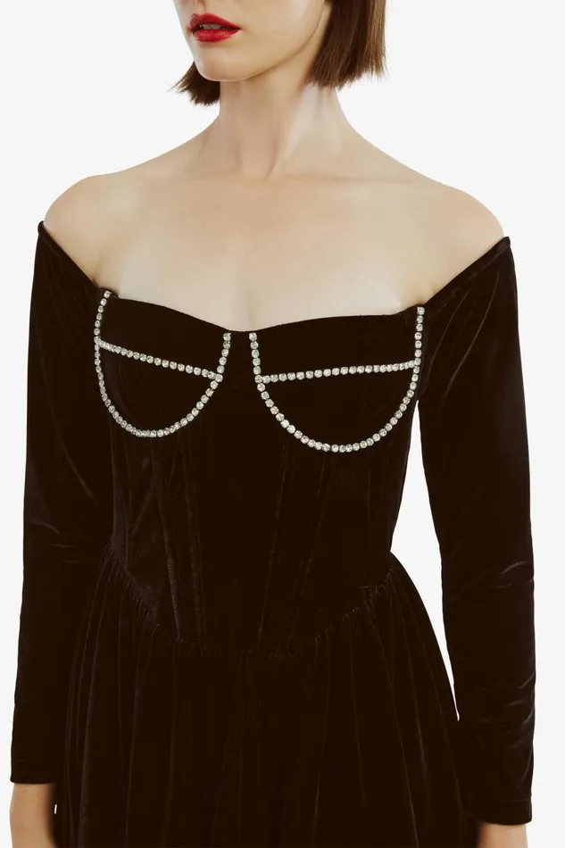Women Bardot Party Dresses Emlyn Velour Mini Dress In Black Black Women Bardot Party Dresses Emlyn Velour Mini Dress In Black Black