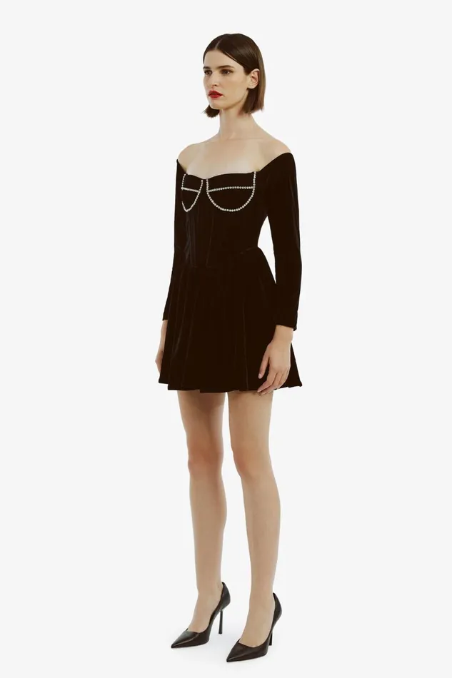 Women Bardot Party Dresses Emlyn Velour Mini Dress In Black Black Women Bardot Party Dresses Emlyn Velour Mini Dress In Black Black
