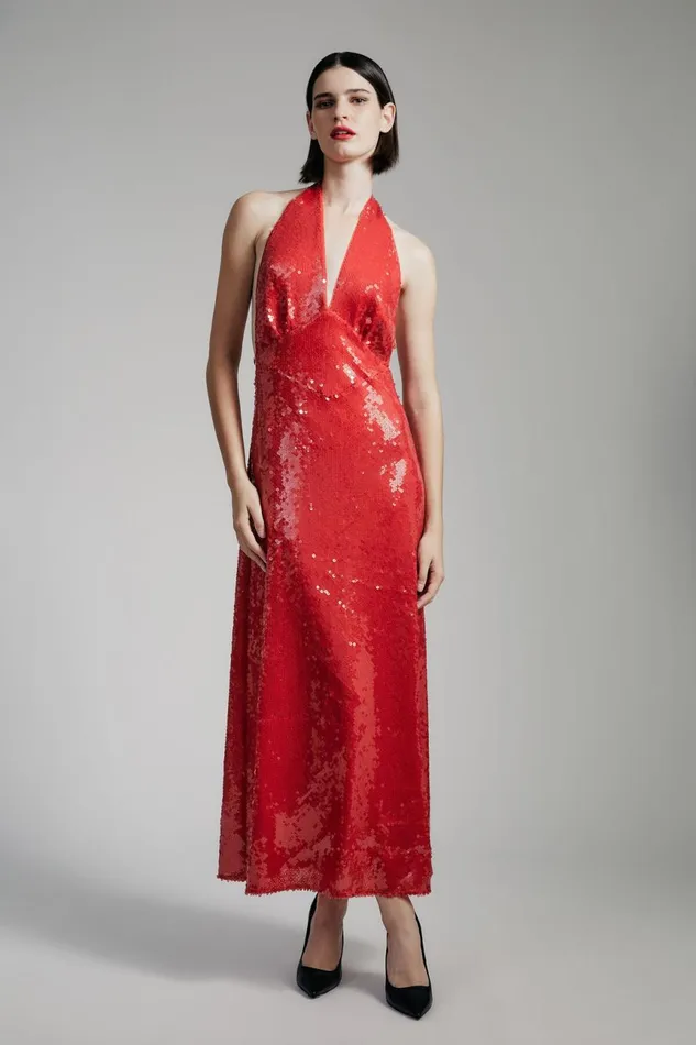 Women Bardot Party Dresses Freja Sequin Midi Dress In Deep Red Deep Red