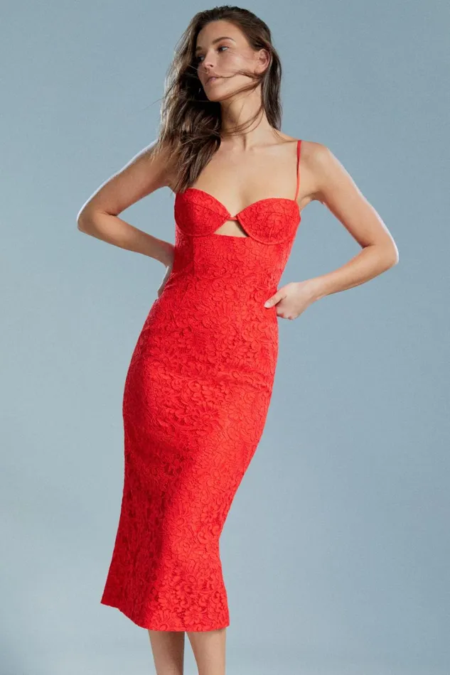 Women Bardot Party Dresses Ivanna Lace Midi Dress In Fire Red Fire Red