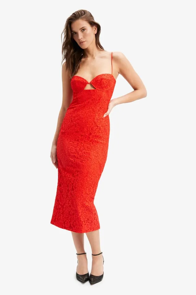 Women Bardot Party Dresses Ivanna Lace Midi Dress In Fire Red Fire Red Women Bardot Party Dresses Ivanna Lace Midi Dress In Fire Red Fire Red