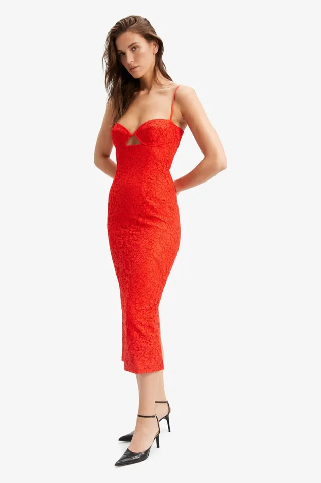 Women Bardot Party Dresses Ivanna Lace Midi Dress In Fire Red Fire Red Women Bardot Party Dresses Ivanna Lace Midi Dress In Fire Red Fire Red
