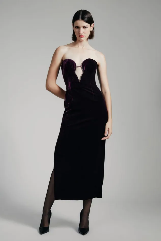 Women Bardot Party Dresses Lilah Velour Midi Dress In Drk Purple Drk Purple
