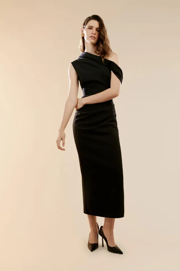 Women Bardot Party Dresses Maeve Asymmetric Midi Dress In Black Black
