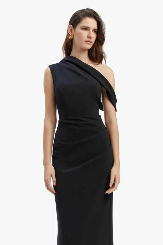 Women Bardot Party Dresses Maeve Asymmetric Midi Dress In Black Black Women Bardot Party Dresses Maeve Asymmetric Midi Dress In Black Black