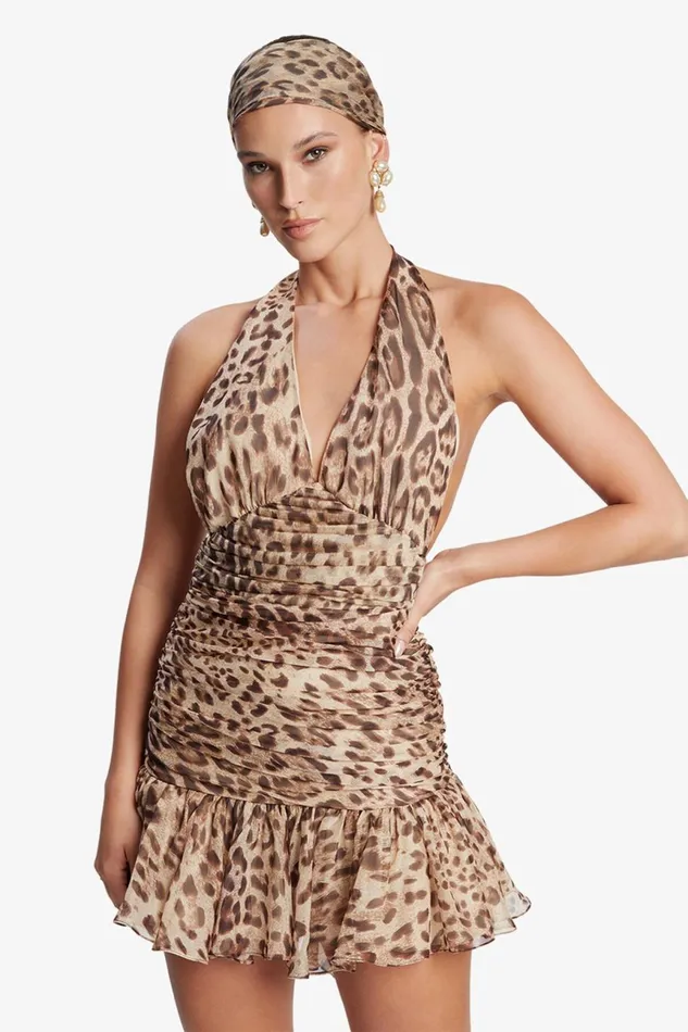Women Bardot Party Dresses Mave Halter Neck Mini Dress In Brown Leopard Brown Leopard Women Bardot Party Dresses Mave Halter Neck Mini Dress In Brown Leopard Brown Leopard