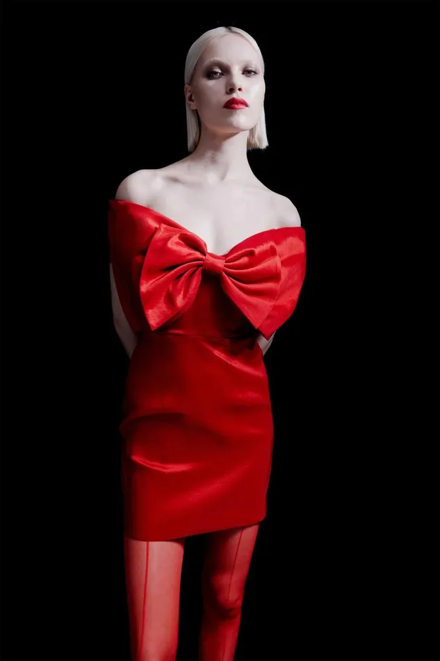 Women Bardot Party Dresses Mini Bow Dress In Fire Red Fire Red