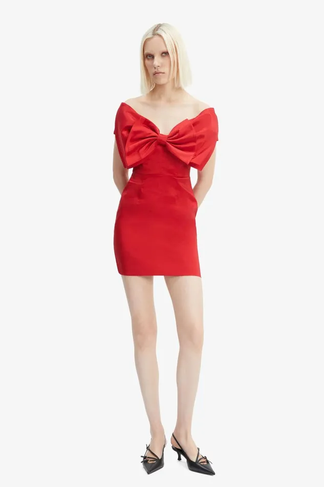 Women Bardot Party Dresses Mini Bow Dress In Fire Red Fire Red Women Bardot Party Dresses Mini Bow Dress In Fire Red Fire Red