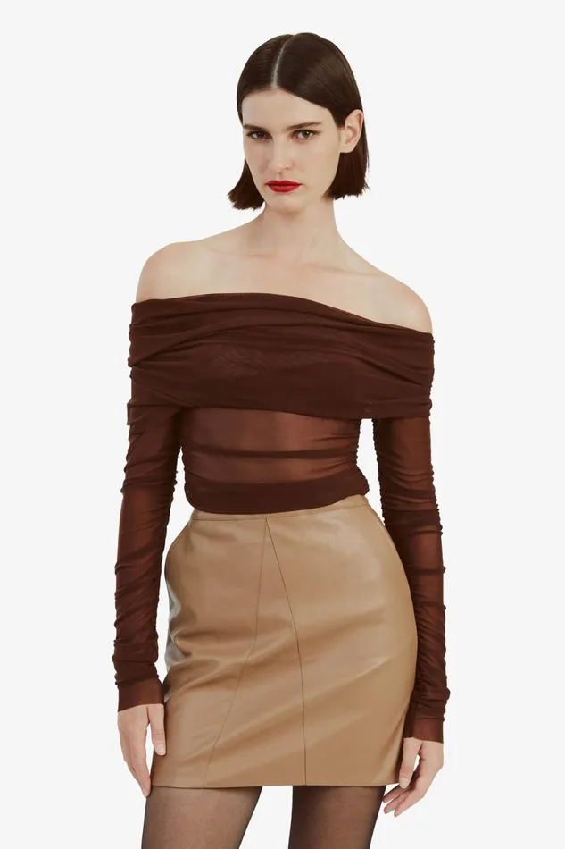 Women Bardot Party Tops Camelia Mesh Top In Chocolate Chocolate Women Bardot Party Tops Camelia Mesh Top In Chocolate Chocolate