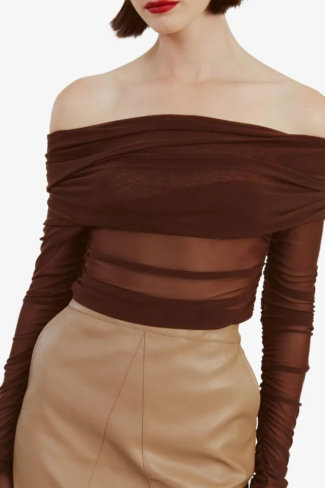 Women Bardot Party Tops Camelia Mesh Top In Chocolate Chocolate Women Bardot Party Tops Camelia Mesh Top In Chocolate Chocolate