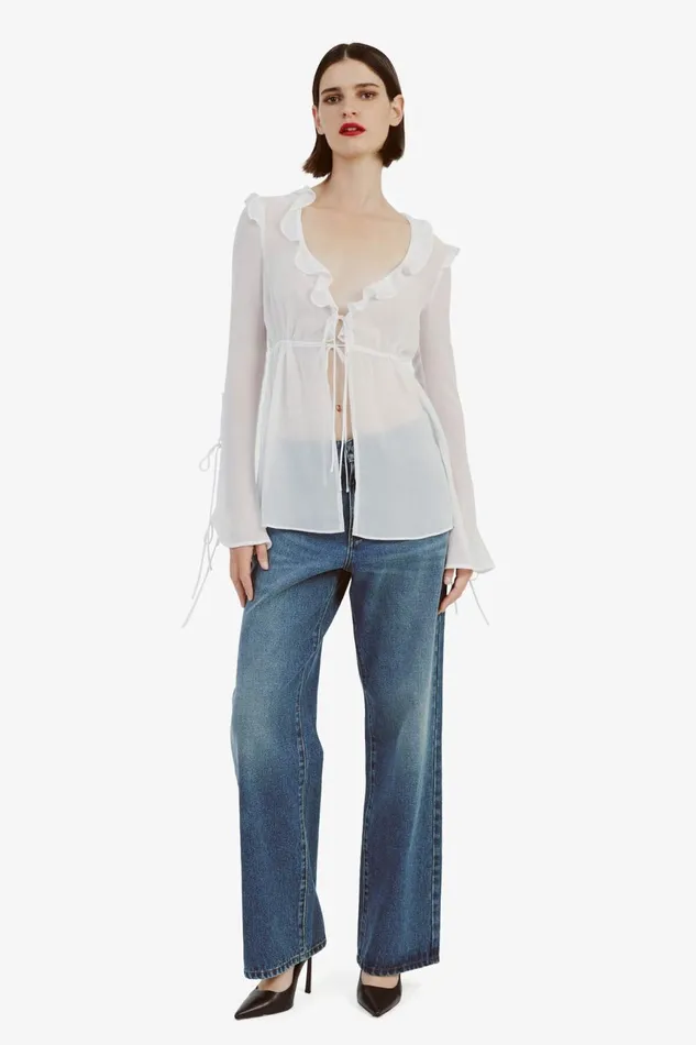 Women Bardot Party Tops Dhalia Frill Blouse In Orchid White Orchid White Women Bardot Party Tops Dhalia Frill Blouse In Orchid White Orchid White