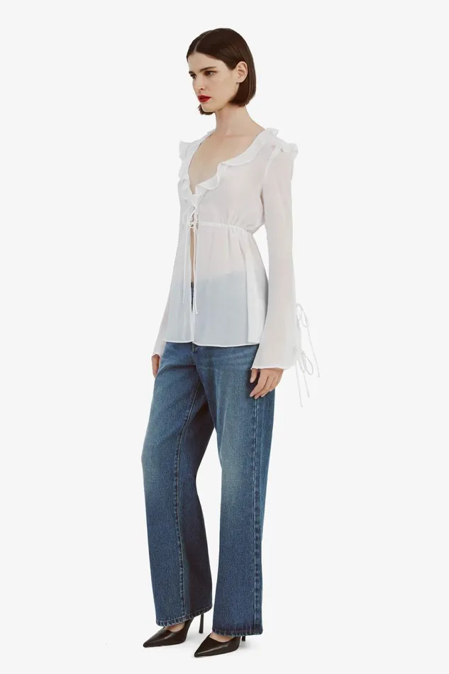 Women Bardot Party Tops Dhalia Frill Blouse In Orchid White Orchid White Women Bardot Party Tops Dhalia Frill Blouse In Orchid White Orchid White