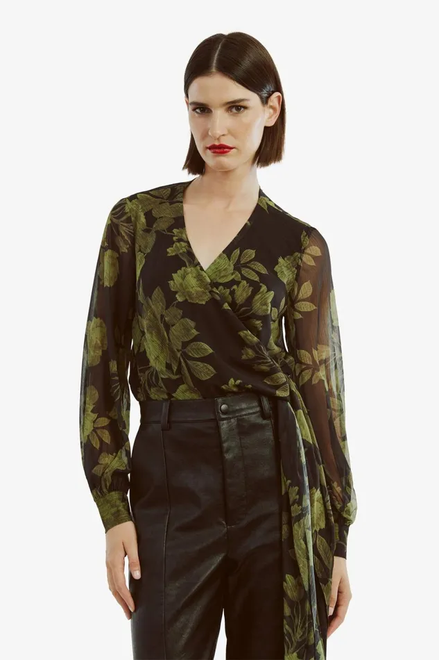 Women Bardot Party Tops Diana Wrap Top In Green Flo Green Flo Women Bardot Party Tops Diana Wrap Top In Green Flo Green Flo