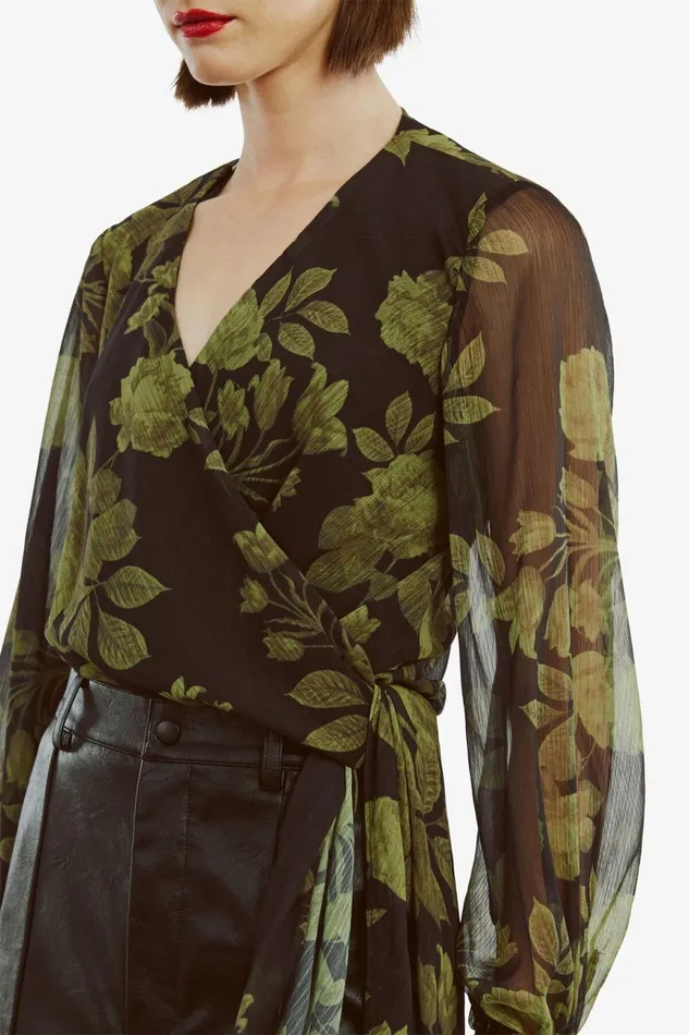 Women Bardot Party Tops Diana Wrap Top In Green Flo Green Flo Women Bardot Party Tops Diana Wrap Top In Green Flo Green Flo
