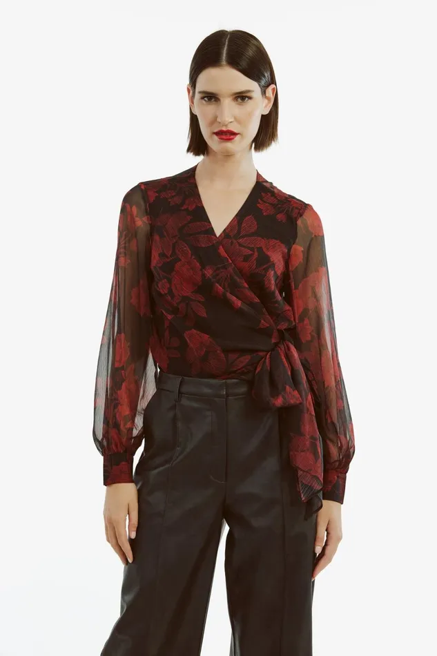 Women Bardot Party Tops Diana Wrap Top In Red Floral Red Floral Women Bardot Party Tops Diana Wrap Top In Red Floral Red Floral