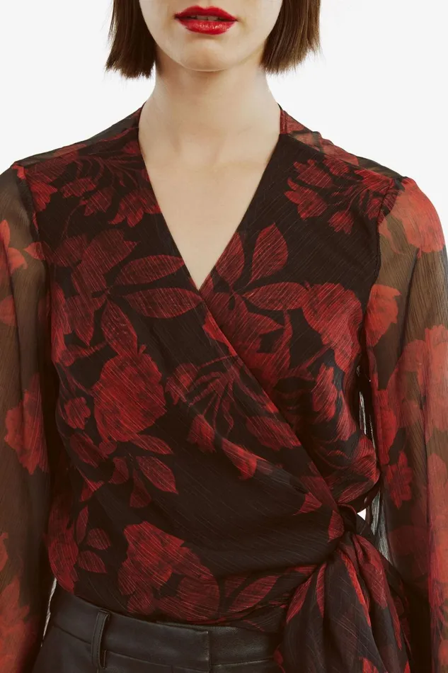 Women Bardot Party Tops Diana Wrap Top In Red Floral Red Floral Women Bardot Party Tops Diana Wrap Top In Red Floral Red Floral