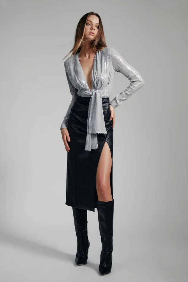 Women Bardot Party Tops Emelia Sequin Wrap Bodysuit In Dove Grey Dove Grey