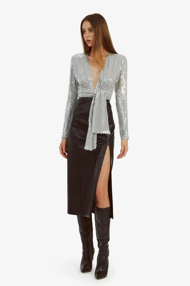 Women Bardot Party Tops Emelia Sequin Wrap Bodysuit In Dove Grey Dove Grey Women Bardot Party Tops Emelia Sequin Wrap Bodysuit In Dove Grey Dove Grey