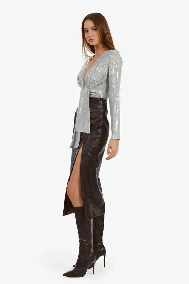 Women Bardot Party Tops Emelia Sequin Wrap Bodysuit In Dove Grey Dove Grey Women Bardot Party Tops Emelia Sequin Wrap Bodysuit In Dove Grey Dove Grey