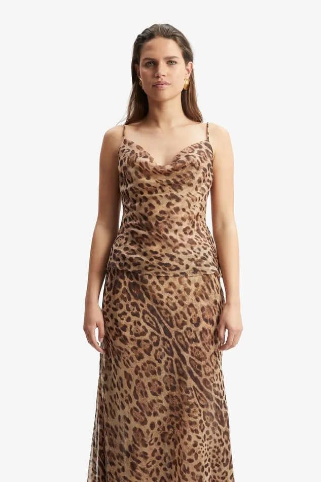 Women Bardot Party Tops Monroe Cowl Neck Cami In Brown Leopard Brown Leopard