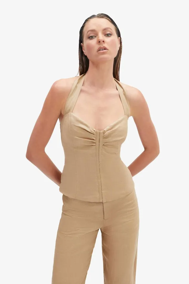 Women Bardot Party Tops Rixton Linen Halter Top In Latte Latte Women Bardot Party Tops Rixton Linen Halter Top In Latte Latte
