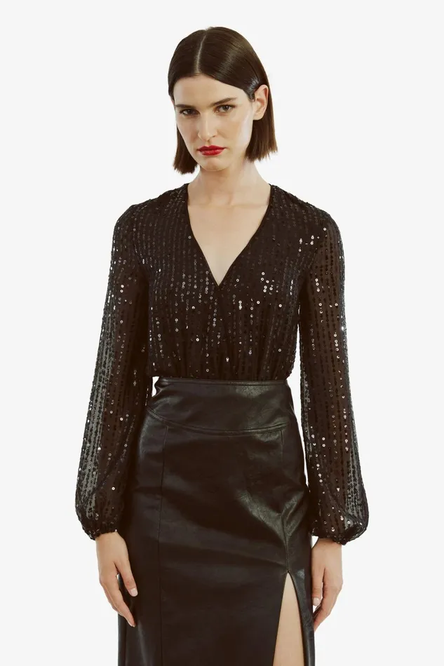 Women Bardot Party Tops Sequin Wrap Bodysuit In Black Black Women Bardot Party Tops Sequin Wrap Bodysuit In Black Black