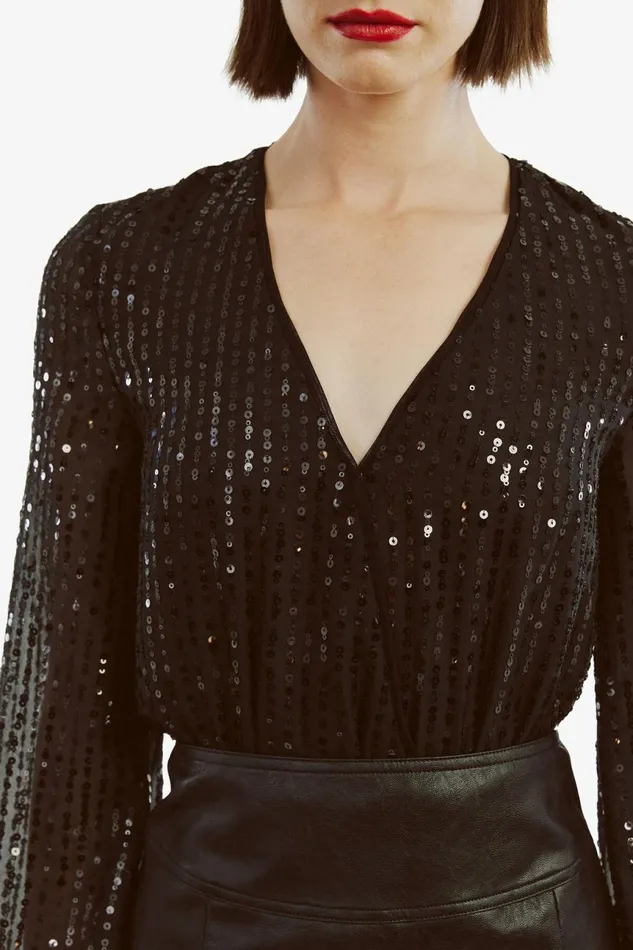 Women Bardot Party Tops Sequin Wrap Bodysuit In Black Black Women Bardot Party Tops Sequin Wrap Bodysuit In Black Black
