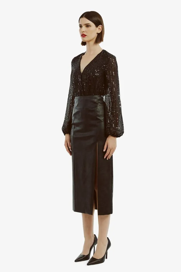 Women Bardot Party Tops Sequin Wrap Bodysuit In Black Black Women Bardot Party Tops Sequin Wrap Bodysuit In Black Black