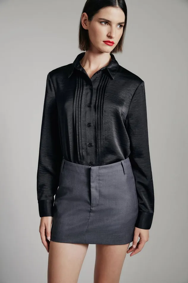 Women Bardot Shirts and Blouses Dinah Pintuck Satin Shirt In Black Black