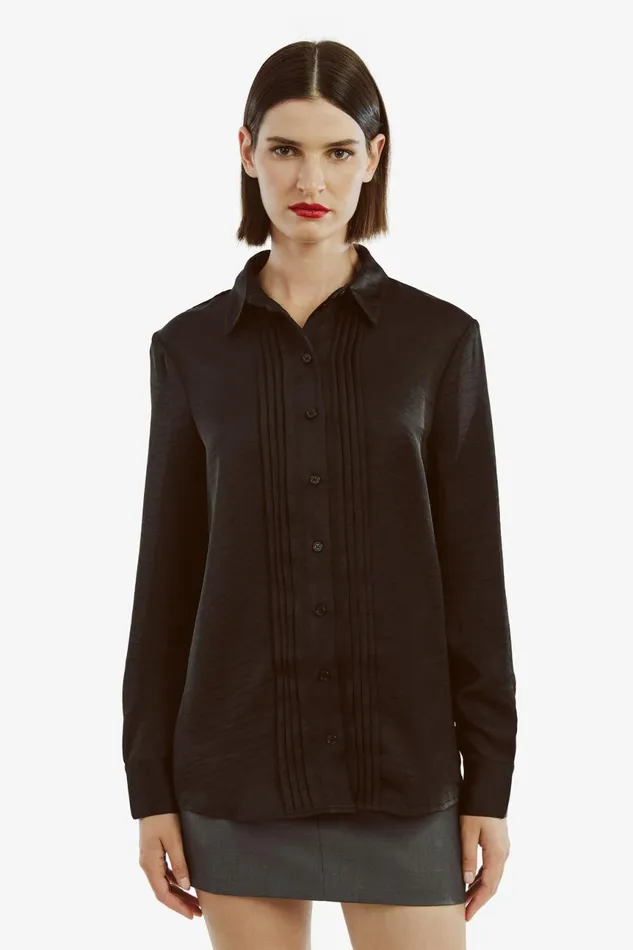 Women Bardot Shirts and Blouses Dinah Pintuck Satin Shirt In Black Black