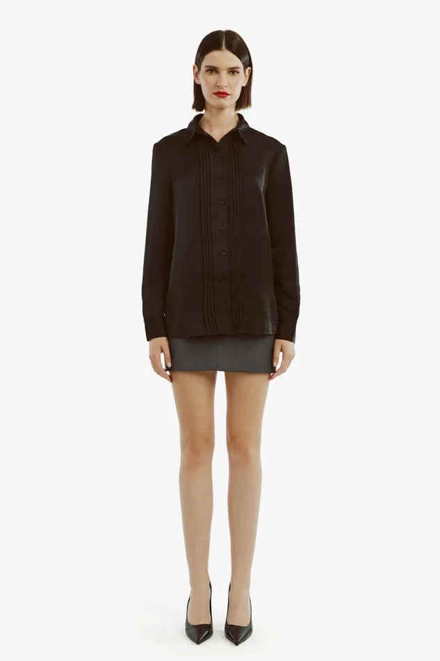 Women Bardot Shirts and Blouses Dinah Pintuck Satin Shirt In Black Black