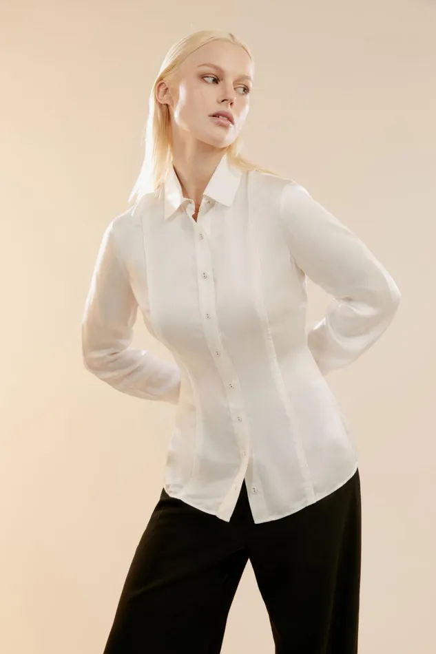 Women Bardot Shirts and Blouses Fitted Satin Shirt In Oyster Oyster